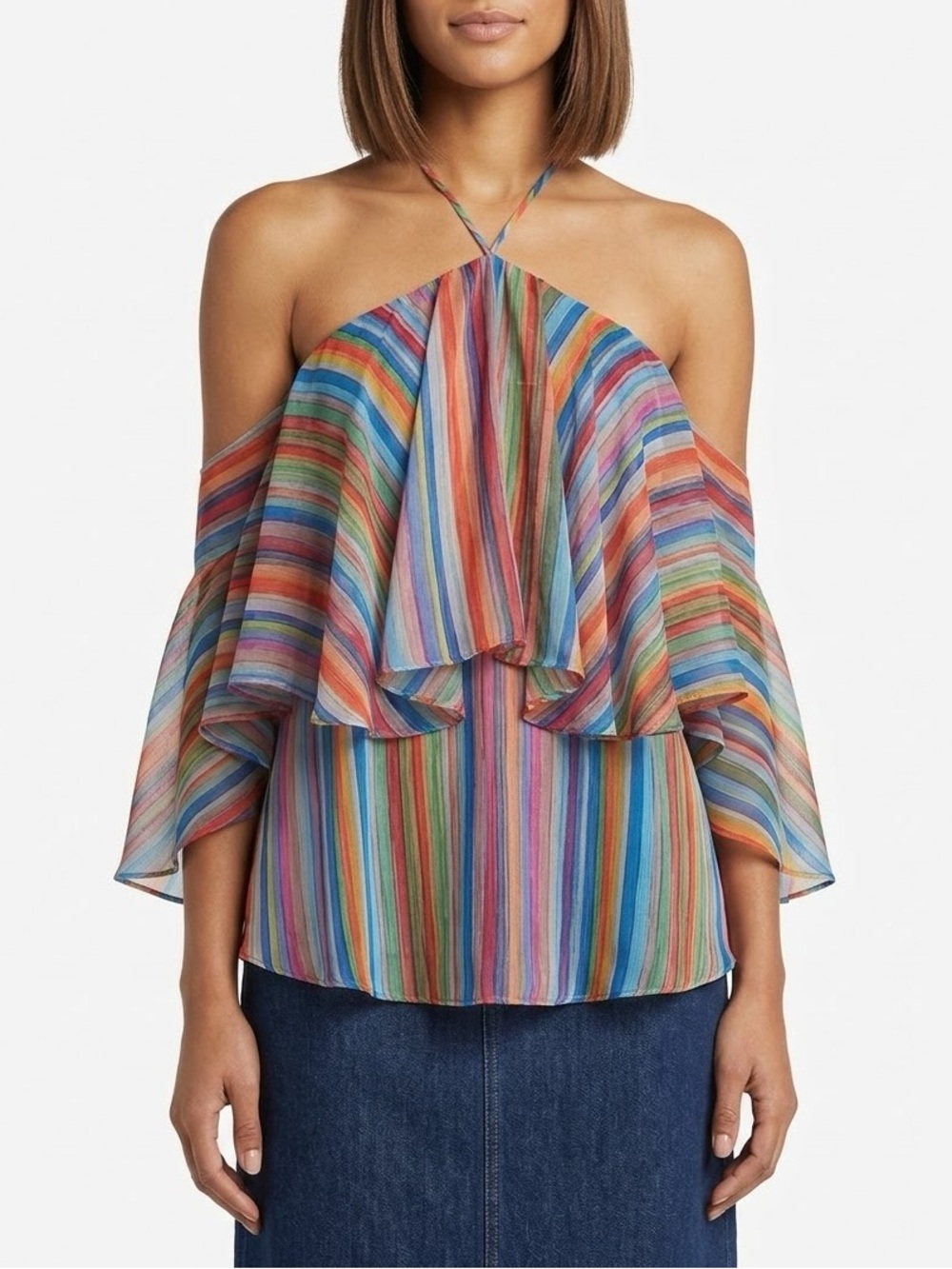 Judith March Halter Neck Off The Shoulder Rainbow Stripe Small